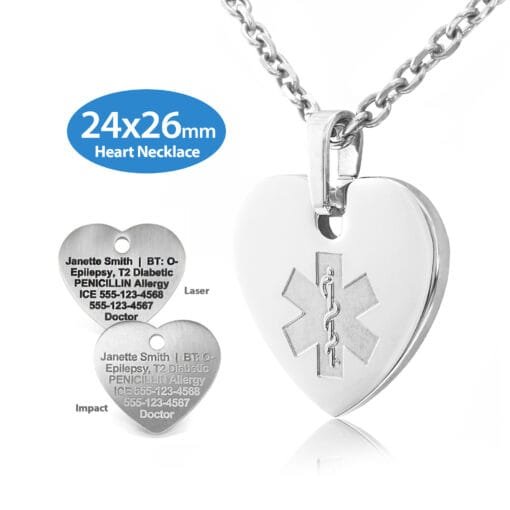 MHPM-SEM - 316L Stainless Steel 24x26mm Embossed Heart Necklace with Custom sized 3mm Oval Link Chain - Engraving Included