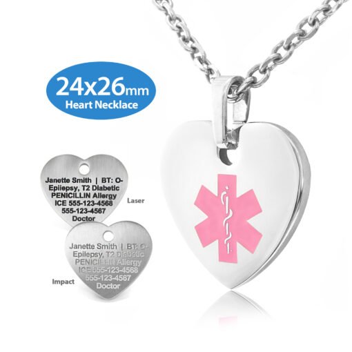 MHPM-SPK - 316L Stainless Steel 24x26mm Pink Heart Necklace with Custom sized 3mm Oval Link Chain - Engraving Included