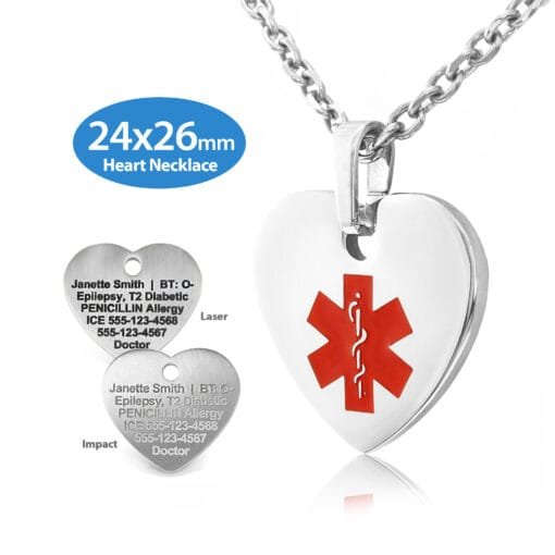 MHPM-SRD - 316L Stainless Steel 24x26mm Red Heart Necklace with Custom sized 3mm Oval Link Chain - Engraving Included