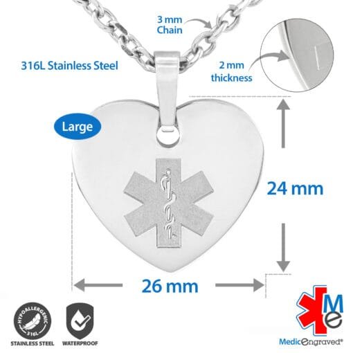 MHPM-SPK - 316L Stainless Steel 24x26mm Pink Heart Necklace with Custom sized 3mm Oval Link Chain - Engraving Included - Image 3