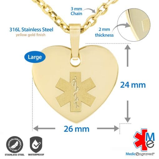 MHPM-GRD - 316L Stainless Steel 24x26mm Red Yellow Gold Finish Heart Necklace with Custom sized 3mm Oval Link Chain - Engraving Included - Image 3