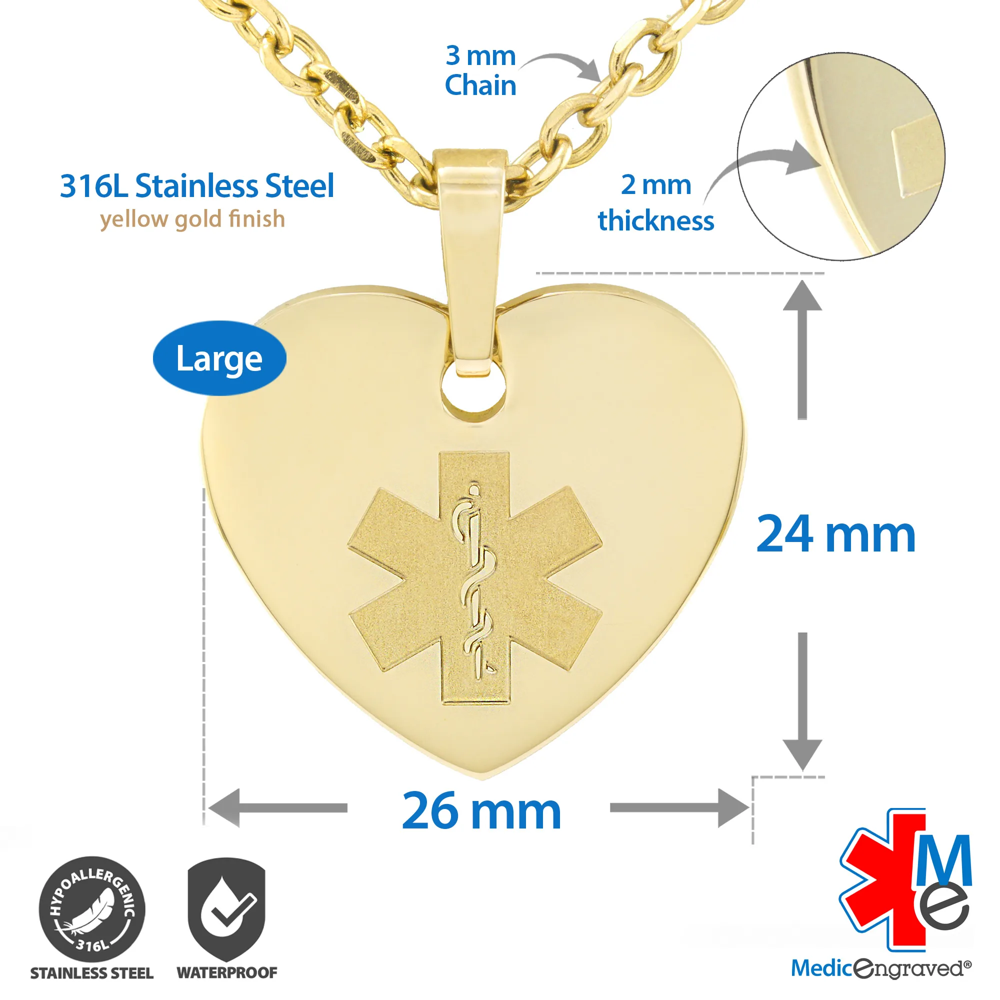 MHPM-GRD - 316L Stainless Steel 24x26mm Red Yellow Gold Finish Heart Necklace with Custom sized 3mm Oval Link Chain - Engraving Included - Image 3