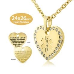 Embossed Crystal Heart Necklace (24x26mm) in 316L Stainless Steel Yellow Gold Finish with Custom sized 3mm Oval Link Chain - Engraving Included (MHSS-GEM)
