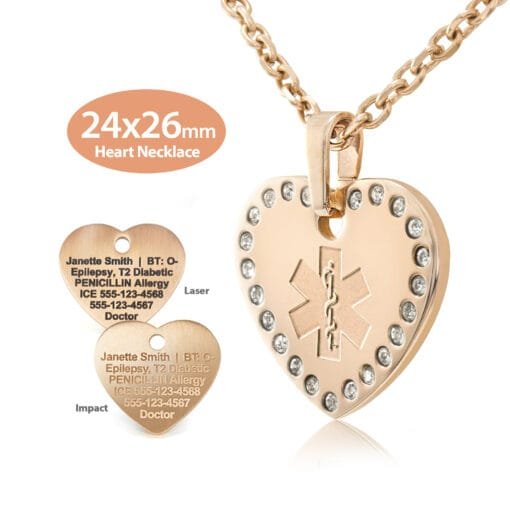 Embossed Crystal Heart Necklace (24x26mm) in 316L Stainless Steel Rose Gold Finish with Custom sized 3mm Oval Link Chain - Engraving Included (MHSS-REM)