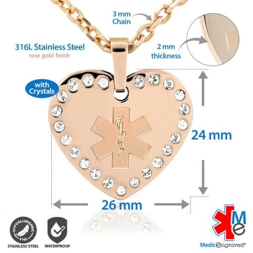 Embossed Crystal Heart Necklace (24x26mm) in 316L Stainless Steel Rose Gold Finish with Custom sized 3mm Oval Link Chain - Engraving Included (MHSS-REM) - Image 3