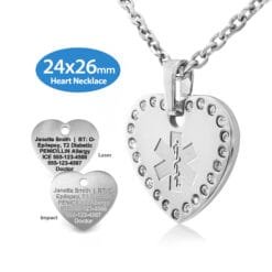 Embossed Crystal Heart Necklace (24x26mm) in 316L Stainless Steel with Custom sized 3mm Oval Link Chain - Engraving Included (MHSS-SEM)