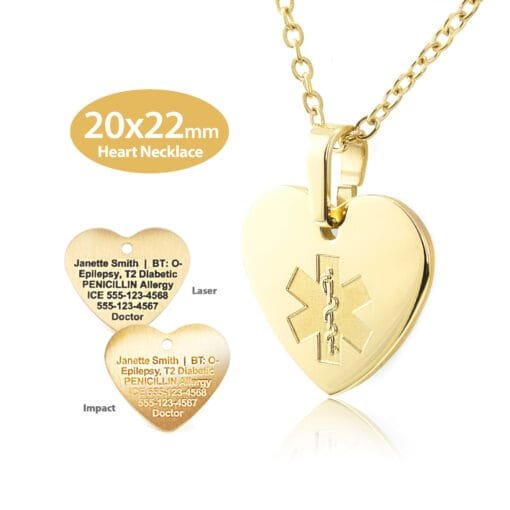 MHST-GEM - 316L Stainless Steel 20x22mm Embossed Yellow Gold Finish Heart Necklace with Custom sized 2mm Oval Link Chain - Engraving Included