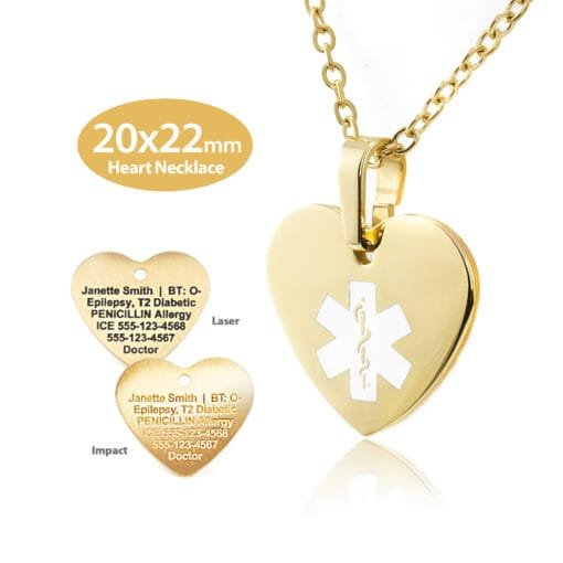 MHST-GWT - 316L Stainless Steel 20x22mm White Yellow Gold Finish Heart Necklace with Custom sized 2mm Oval Link Chain - Engraving Included