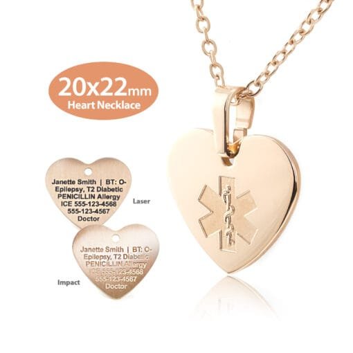 MHST-REM - 316L Stainless Steel 20x22mm Embossed Rose Gold Finish Heart Necklace with Custom sized 2mm Oval Link Chain - Engraving Included