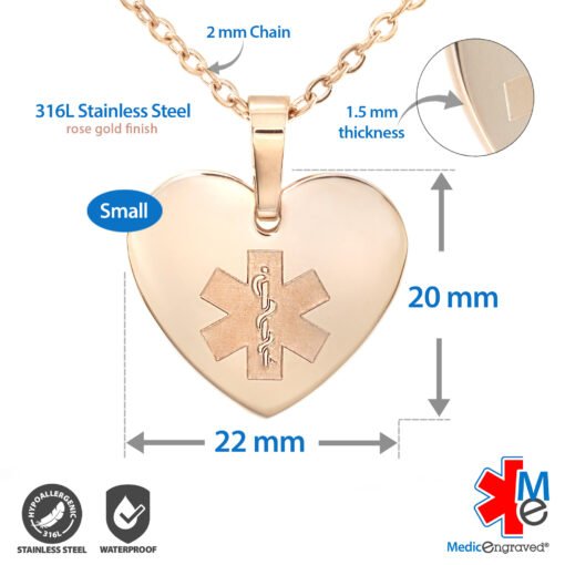 MHST-RWT - 316L Stainless Steel 20x22mm White Rose Gold Finish Heart Necklace with Custom sized 2mm Oval Link Chain - Engraving Included - Image 3