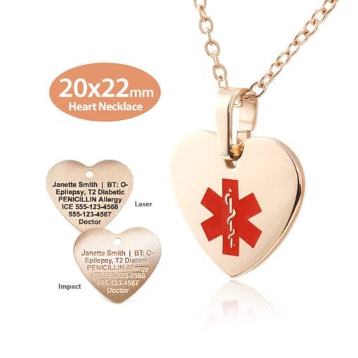 MHST-RRD - 316L Stainless Steel 20x22mm Red Rose Gold Finish Heart Necklace with Custom sized 2mm Oval Link Chain - Engraving Included