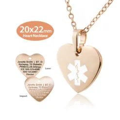 MHST-RWT - 316L Stainless Steel 20x22mm White Rose Gold Finish Heart Necklace with Custom sized 2mm Oval Link Chain - Engraving Included