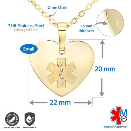 MHST-GWT - 316L Stainless Steel 20x22mm White Yellow Gold Finish Heart Necklace with Custom sized 2mm Oval Link Chain - Engraving Included - Image 3