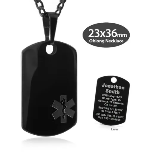 MOB-BEM - 316L Stainless Steel Black Finish 23x36mm Embossed Oblong Necklace with Custom sized 3mm Curb Link Chain - Engraving Included