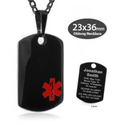 MOB-BRD - 316L Stainless Steel Black Finish 23x36mm Red Oblong Necklace with Custom sized 3mm Curb Link Chain - Engraving Included
