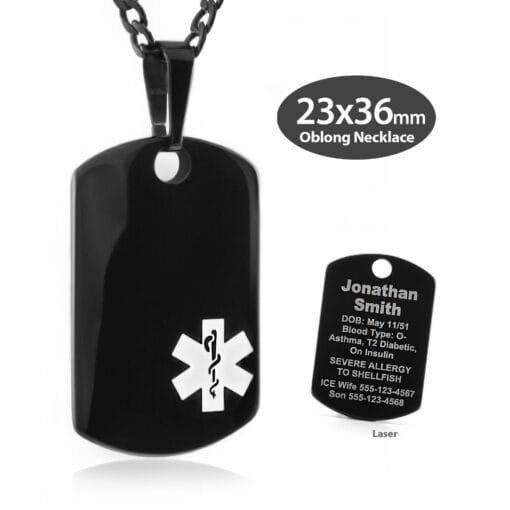 MOB-BWT - 316L Stainless Steel Black Finish 23x36mm White Oblong Necklace with Custom sized 3mm Curb Link Chain - Engraving Included