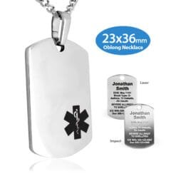 MOB-SBK - 316L Stainless Steel 23x36mm Black Oblong Necklace with Custom sized 3mm Curb Link Necklace - Engraving Included