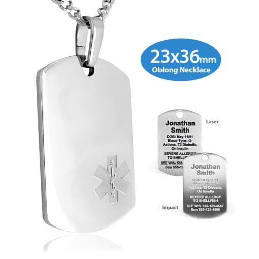 MOB-SEM - 316L Stainless Steel 23x36mm Embossed Oblong Pendant with Custom sized 3mm Curb Link Necklace - Engraving Included