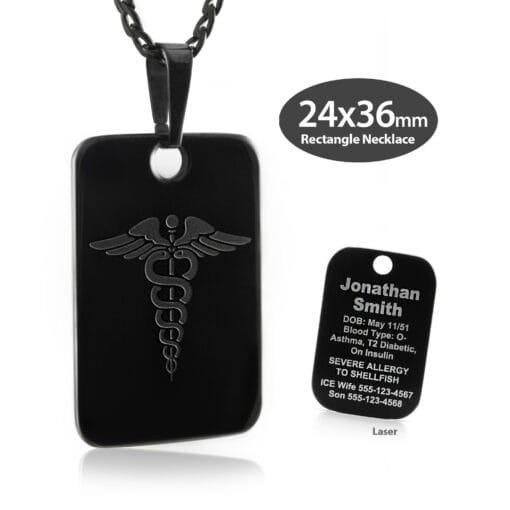 MRP-BEM - 316L Stainless Steel Black Finish 24x36mm Embossed Rectangle Necklace with Custom sized 3mm Curb Link Chain - Engraving Included