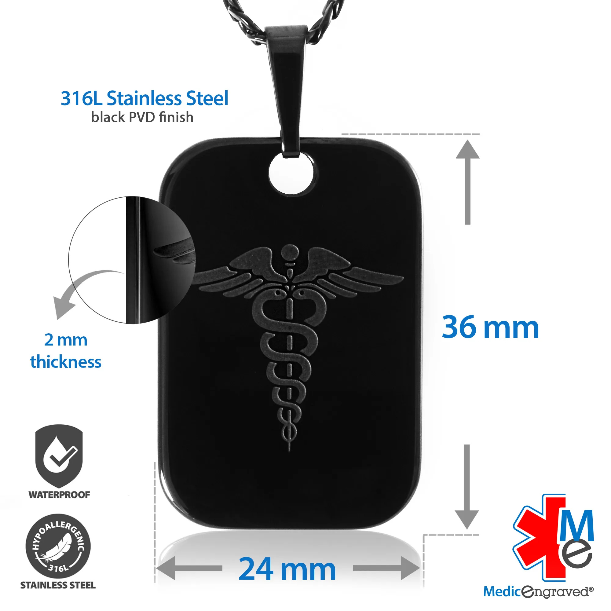 MRP-BRD - 316L Stainless Steel Black Finish 24x36mm Red Rectangle Necklace with Custom sized 3mm Curb Link Chain - Engraving Included - Image 3