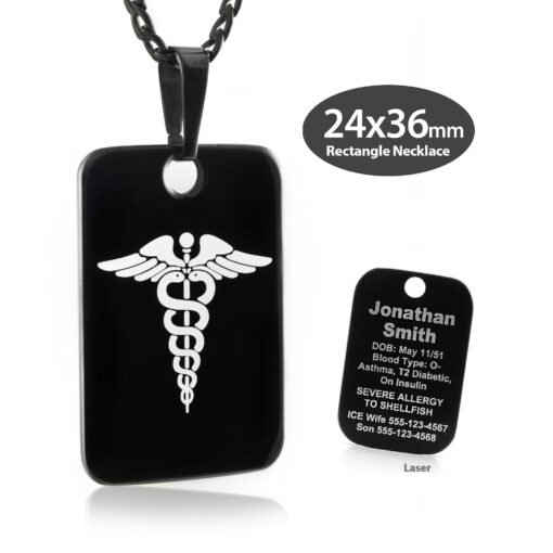 MRP-BWT - 316L Stainless Steel Black Finish 24x36mm White Rectangle Necklace with Custom sized 3mm Curb Link Chain - Engraving Included