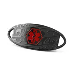 Medical ID Tag in 316L Stainless Steel Black Finish with Red Enamel Filigree Logo (TAG-BRF1)