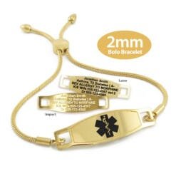 Bolo Bracelet in Stainless Steel Yellow Gold Finish with Medical ID Tag - 2mm (BG2_2)