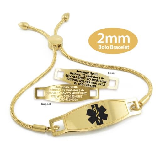 Bolo Bracelet in Stainless Steel Yellow Gold Finish with Medical ID Tag - 2mm (BG2_2)