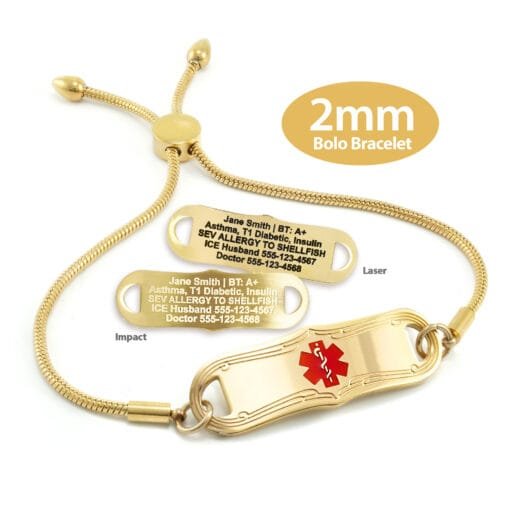 Bolo Bracelet in Stainless Steel Yellow Gold Finish with Medical ID Tag - 2mm (BG2_3)