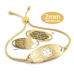 Bolo Bracelet in Stainless Steel Yellow Gold Finish with Medical ID Tag - 2mm (BG2_1)