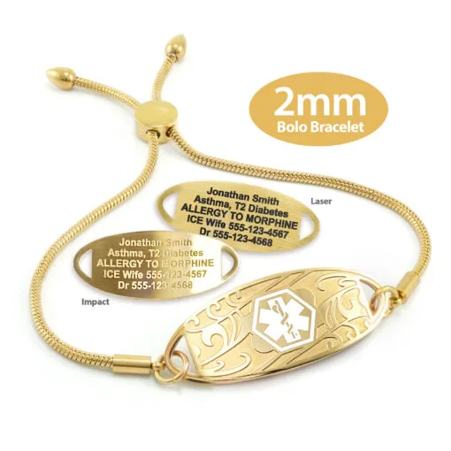 Bolo Bracelet in Stainless Steel Yellow Gold Finish with Medical ID Tag - 2mm (BG2_1)