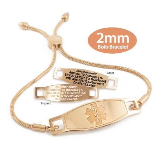 Bolo Bracelet in Stainless Steel Rose Gold Finish with Medical ID Tag - 2mm (BR2_2)