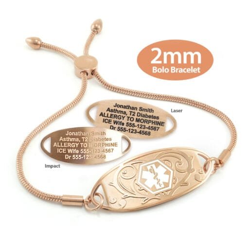 Bolo Bracelet in Stainless Steel Rose Gold Finish with Medical ID Tag - 2mm (BR2_1)