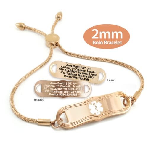 Bolo Bracelet in Stainless Steel Rose Gold Finish with Medical ID Tag - 2mm (BR2_3)