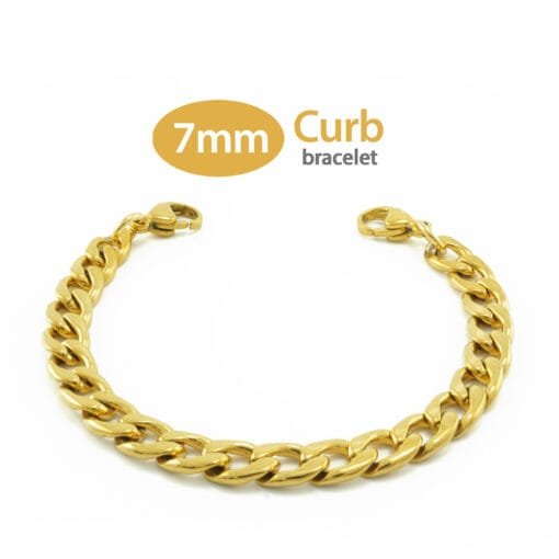 7mm Curb Link Stainless Steel Replacement / Add-on Bracelet in Yellow Gold finish (bracelet only - tag not included) - BRAC-CG7