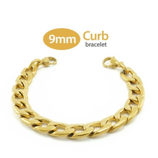 9mm Curb Link Stainless Steel Replacement / Add-on Bracelet in Yellow Gold finish (bracelet only - tag not included) - BRAC-CG9