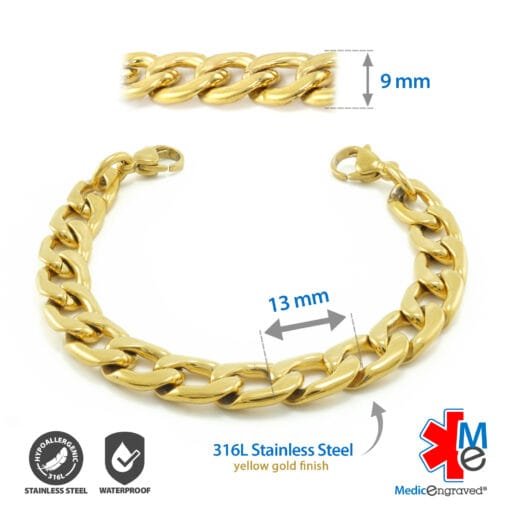 9mm Curb Link Stainless Steel Replacement / Add-on Bracelet in Yellow Gold finish (bracelet only - tag not included) - BRAC-CG9 - Image 2