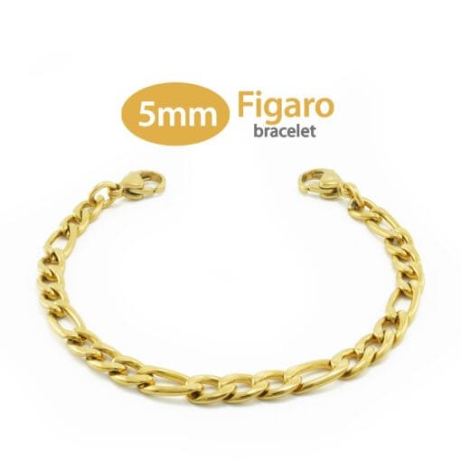 5mm Figaro Link Stainless Steel Replacement / Add-on Bracelet in Yellow Gold finish (bracelet only - tag not included) - BRAC-FG5