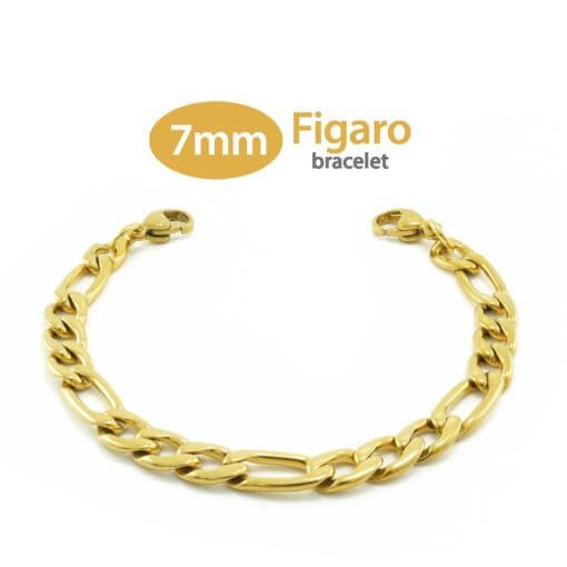 7mm Figaro Link Stainless Steel Replacement / Add-on Bracelet in Yellow Gold finish (bracelet only - tag not included) - BRAC-FG7