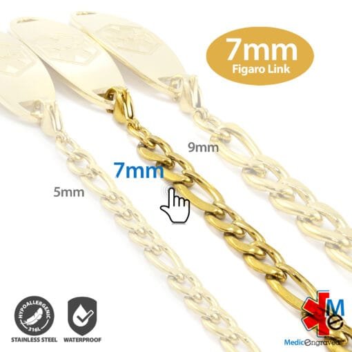 7mm Figaro Link Stainless Steel Replacement / Add-on Bracelet in Yellow Gold finish (bracelet only - tag not included) - BRAC-FG7 - Image 3