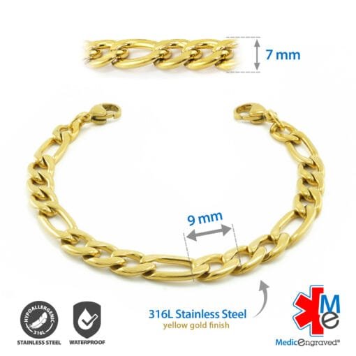 7mm Figaro Link Stainless Steel Replacement / Add-on Bracelet in Yellow Gold finish (bracelet only - tag not included) - BRAC-FG7 - Image 2