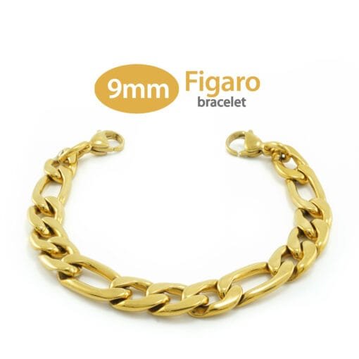 9mm Figaro Link Stainless Steel Replacement / Add-on Bracelet in Yellow Gold finish (bracelet only - tag not included) - BRAC-FG9