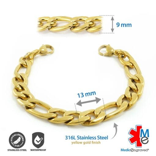 9mm Figaro Link Stainless Steel Replacement / Add-on Bracelet in Yellow Gold finish (bracelet only - tag not included) - BRAC-FG9 - Image 2