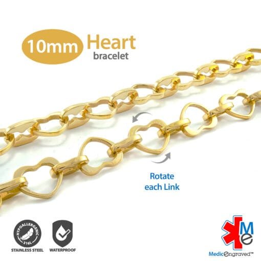 Heart Link 10mm Toggle Bracelet in 316L Stainless Steel Yellow Gold Finish with 24x26mm Heart Medical ID Charm (THT10-GEM) - Image 6