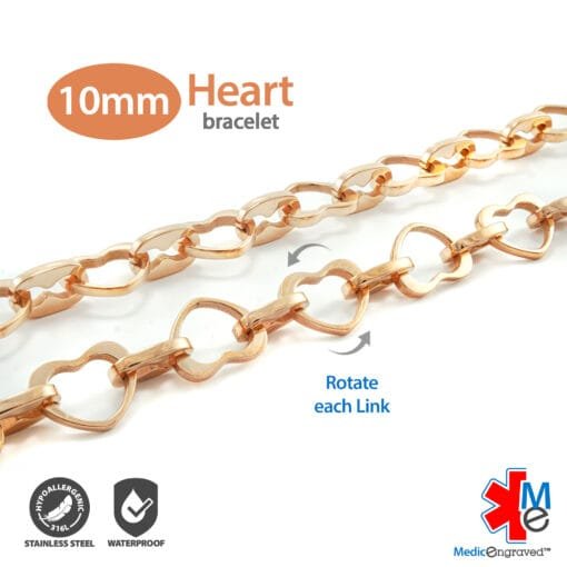 Heart Link 10mm Toggle Bracelet in 316L Stainless Steel Rose Gold Finish with 24x26mm Heart Medical ID Charm (THT10-RRD) - Image 6