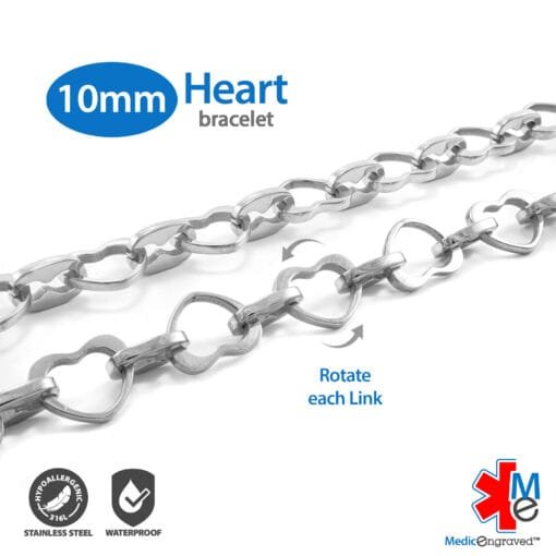 Heart Link 10mm Toggle Bracelet in 316L Stainless Steel with 24x26mm Heart Medical ID Charm (THT10-SRD) - Image 6