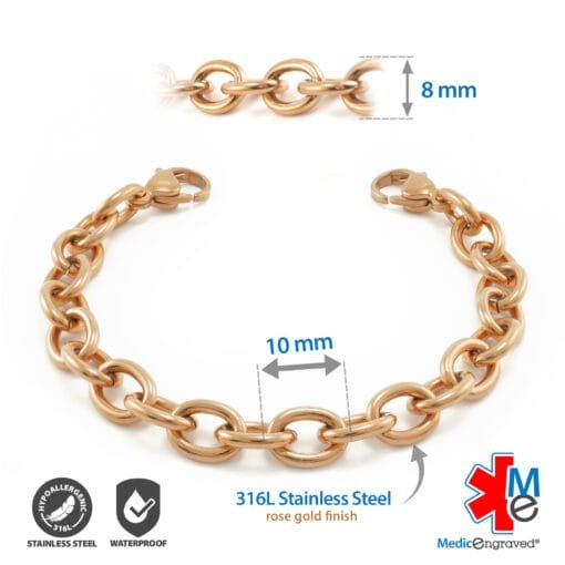 8mm Oval Link Stainless Steel Replacement / Add-on Bracelet in Rose Gold finish (bracelet only - tag not included) - BRAC-LR8 - Image 2