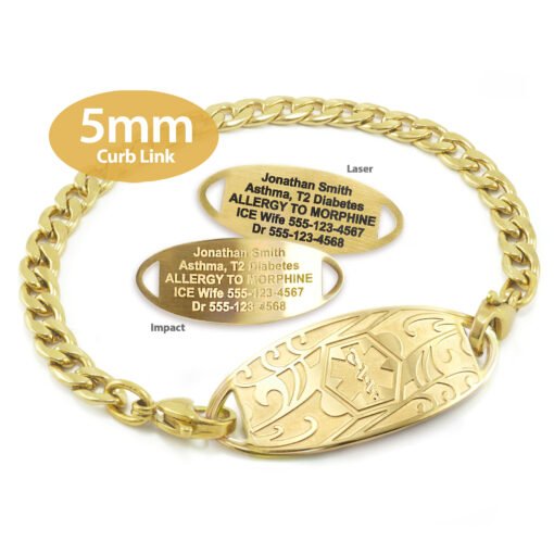 Curb Link Bracelet in 316L Stainless Steel Yellow Gold Finish with Medical ID Tag - 5mm (CG5-1)