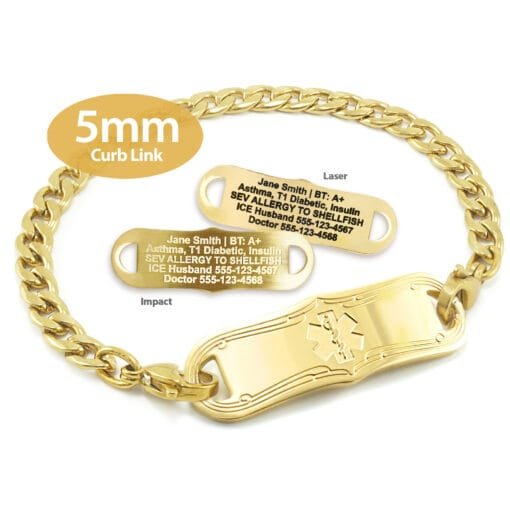 Curb Link Bracelet in 316L Stainless Steel Yellow Gold Finish with Medical ID Tag - 5mm (CG5-3)