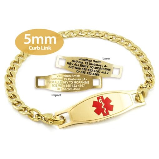 Curb Link Bracelet in 316L Stainless Steel Yellow Gold Finish with Medical ID Tag - 5mm (CG5-2)